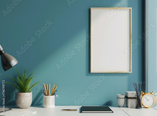 Minimalist black and white desk setup with blue wall background mockup featuring stationery office supplies notebook potted plant pencil cup photo 