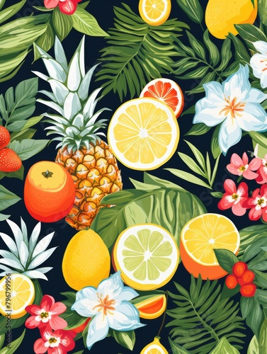 an image collection of tropical fruits  such as pineapples  bananas  and coconuts  intertwined with lush leaves and vibrant colors  AI Generative