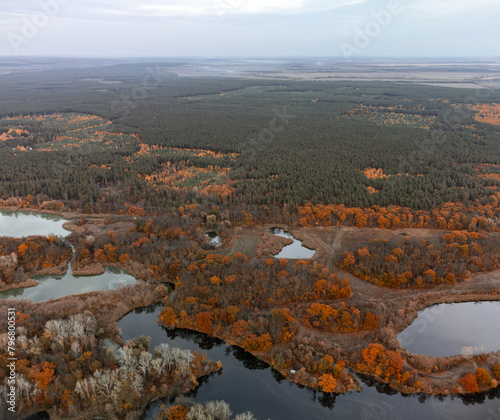 Aerial golden autumn Siverskyi Donets river and lakes valley with forest in Ukraine