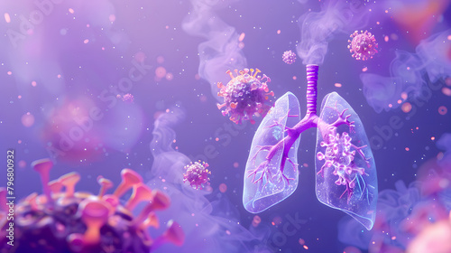 3D depiction of human lungs and macrophages with fungal spores illustration. vector concept for medical design on a purple background.  photo