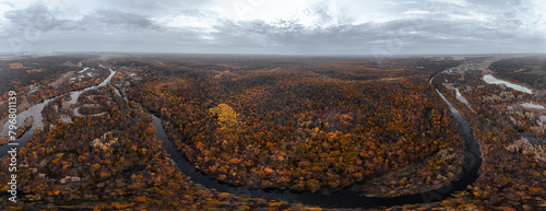 Aerial autumn Siverskyi Donets river curve in golden woods panorama in Ukraine countryside photo