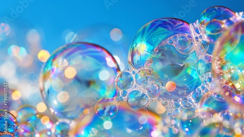 A closeup of soap bubbles reflecting a rainbow of colors, with a vivid blue sky in the background