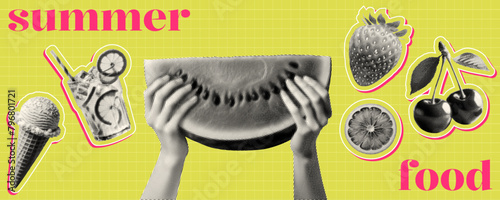 summer food collage set with watermelon ice cream lemonade cherry strawberry citrus on lime green background halftone collage cut-out elements