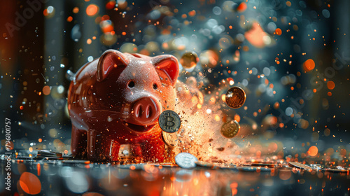 A red piggy bank with a "B" coin inside is being smashed by a pile of coins. Concept of chaos and destruction, as the piggy bank is being overwhelmed by the weight of the coins