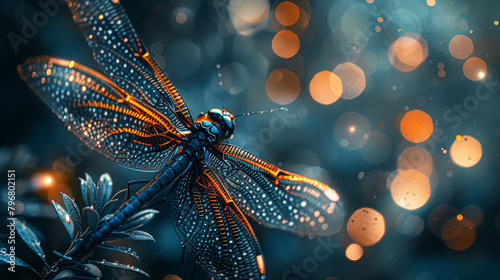 A dragonfly is perched on a leaf. The image has a dreamy, ethereal quality to it, with the dragonfly's wings and the leaf's veins creating a sense of movement and life © Kowit