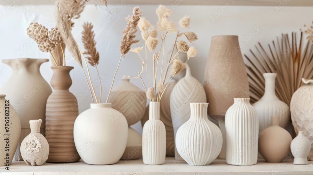 A display of ceramic vases with a minimalist design creating a sleek and sophisticated look with a neutral color palette.. A display of ceramic vases with a minimalist design creating a sleek and sophisticated look with a neutral color palette..