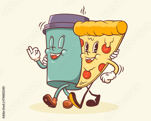 Groovy Pizza and Coffee Retro Characters Label. Cartoon Slice and Paper Cup Walking Smiling Vector Food Mascot Template. Happy Vintage Cool Fast Food Illustration with Typography Isolated (ID: 796802380)
