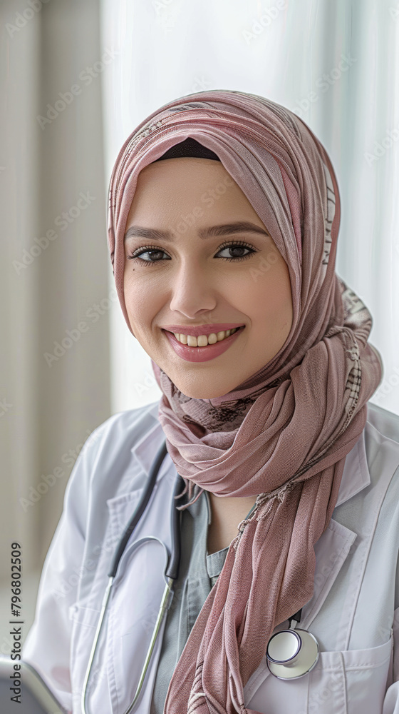 A woman wearing a white lab coat and a pink scarf is smiling at the camera. She is holding a tablet in her hand A woman wearing a white lab coat and a pink scarf is smiling at the camera. She is holding a tablet in her hand