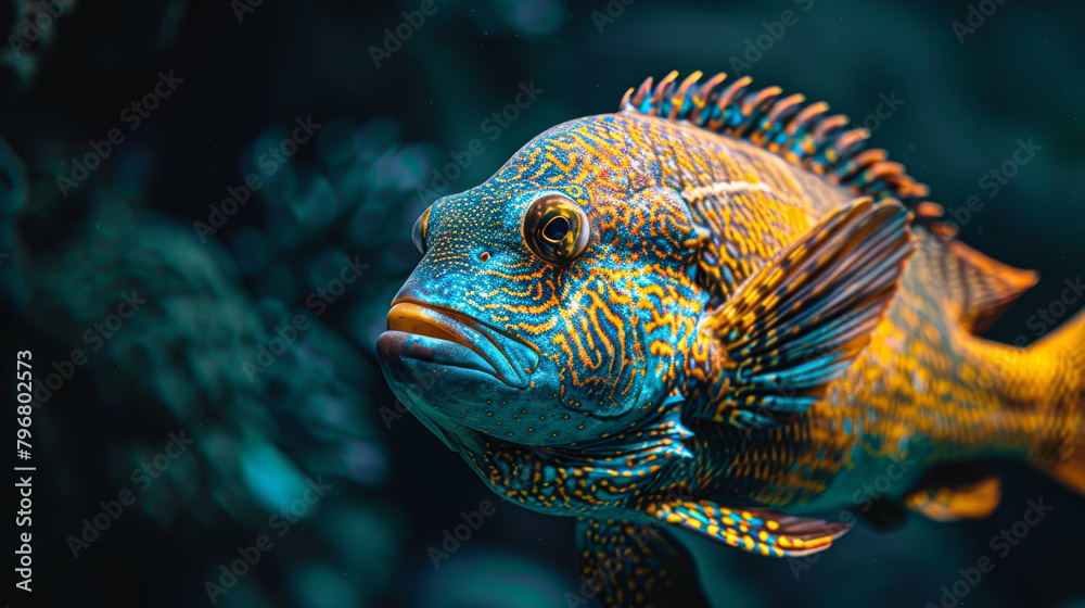 A fish with a blue and yellow body is swimming in a tank. The fish has a sad expression on its face A fish with a blue and yellow body is swimming in a tank. The fish has a sad expression on its face