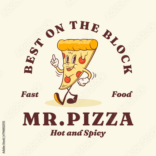 Groovy Pizza Retro Character. Cartoon Food Slice Walking and Smiling. Vector Fastfood Mascot Template. Happy Vintage Cool Illustration Isolated (ID: 796802515)
