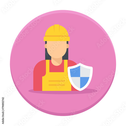 forewoman or foreperson with insurance shield concept, female leader of a work crew vector icon design, Labor Day Symbol, 1st of MaySign,  International Workers Day stock illustration