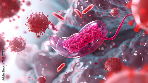 3D model of a human pancreas and thrombocytes with viral particles illustration. vector concept for medical design on a white background.  photo