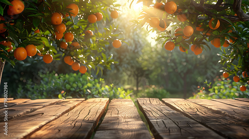 wooden table place of free space for your decoration and orange trees with fruits in sun light 