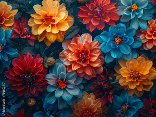 A colorful bouquet of flowers with a blue and orange flower in the middle. The flowers are arranged in a way that creates a sense of harmony and balance. The colors of the flowers are vibrant