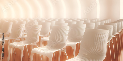row of white chairs in a modern room Furniture and InteriorDesign white background photo