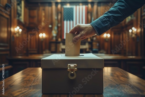 USA voting symbol: Hand depositing ballot into box on American flag photo