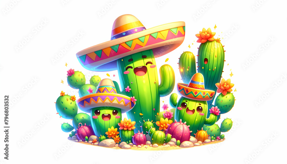 Fiesta Cactus: 3D Cartoon Chibi Style Watercolor Landscape with Cinco de Mayo Celebration