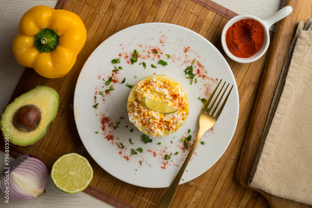 Causa Peruana. Causa Lima is a traditional starter of Peruvian cuisine made with potato, avocado, chicken or tuna.