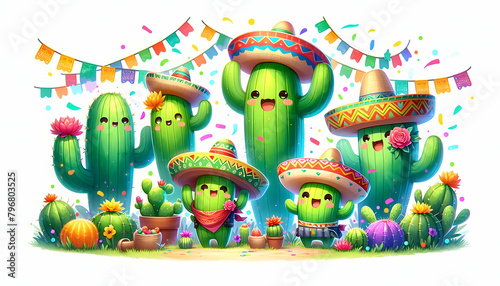 Cheerful 3D Cartoon Chibi Style Fiesta Cactus Cinco de Mayo Isometric Scene with Vibrant Watercolor Landscape