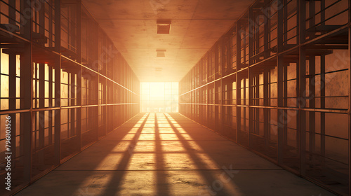 Prison cell with light shining through a barred wind Penal System on a lighted background
 photo