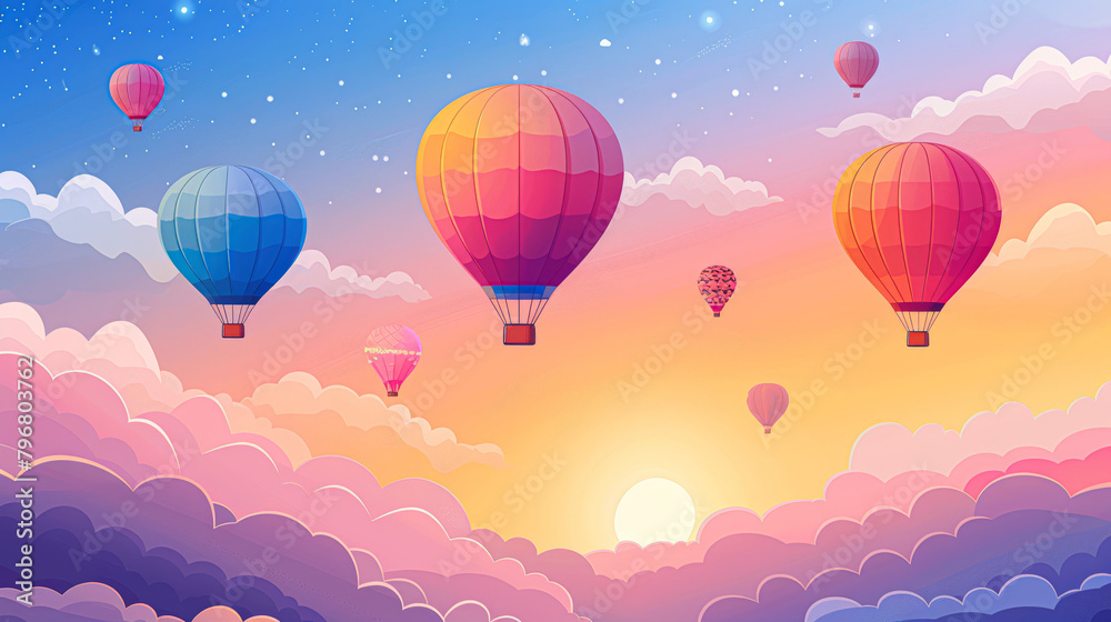 Obraz premium A colorful hot air balloon scene with a sunset in the background. The balloons are flying high in the sky, creating a sense of freedom and adventure. The warm colors of the sunset