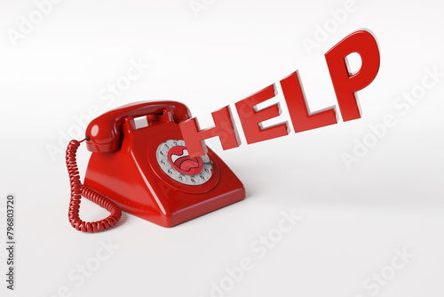 Rotary dial corded retro red landline phone with a shouting label and next to the dynamic word HELP in white background. Illustration of the concept of emergency number and assistant hotlines photo