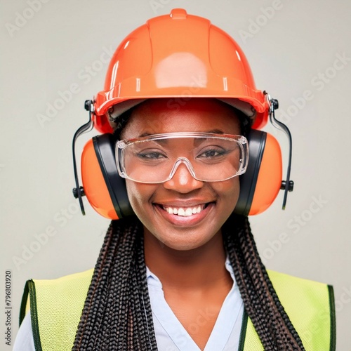 Safety PPE a smiling young black worker with safety PPE, helmet safety glasses