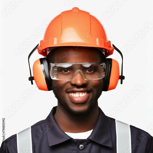 Safety PPE a smiling young black worker with safety PPE, helmet safety glasses