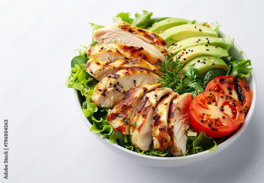 Healthy grilled chicken salad with tomato, avocado, lettuce, and spinach. Ketogenic Buddha bowl concept on white background. Top view banner Healthy grilled chicken salad with tomato, avocado, lettuce, and spinach. Ketogenic Buddha bowl concept on white background. Top view banner