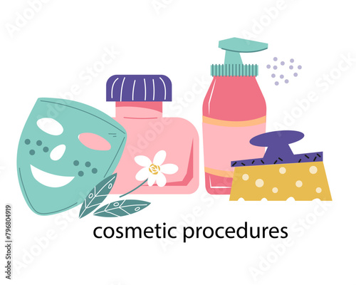 Cosmetics and tools for skin care and facial beauty procedures, professional cosmetic treatments and spa at home, vector banner isolated on white.