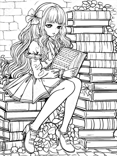 Anime girl in the library, sitting on a stack of books, coloring book style. Vector, generative ai.