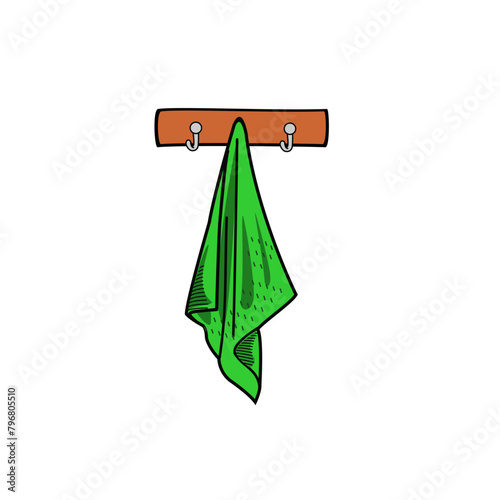 green towel hanging on bathroom hook hand drawn vector illustration