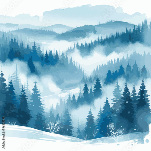 Highly detailed mountains with jungle watercolor illustration 