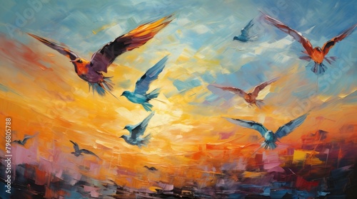 A photo abstract and expressive representation of a flock of birds flying in a colorful sky, AI Generative