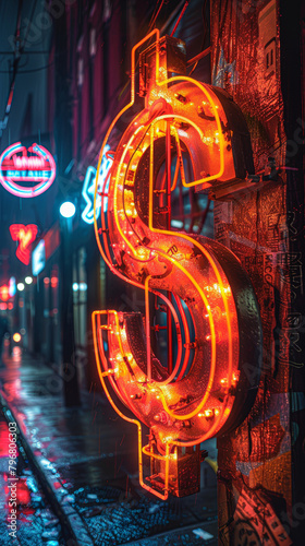 A neon sign of a dollar is lit up in the rain. The sign is surrounded by other neon signs, creating a neon cityscape