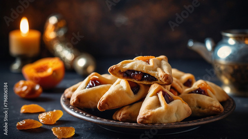 Traditional Jewish Hamantaschen cookies with dried apricots, dates. Purim celebration concept. Сarnival holiday background. Selective focus. photo