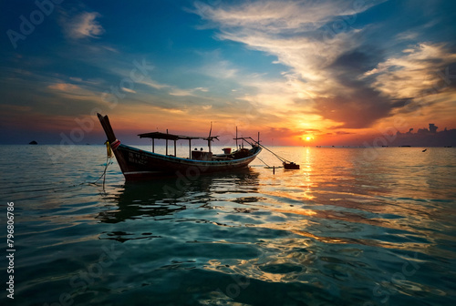 Illustration. Fishing boat on sunset in Gulf of Thailand in Cambodia. An old wooden boat. Tourism and travel in Southeast Asia