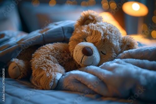 Adorable teddy bear tucked under a blue blanket on a bed with warm lights encapsulating comfort and childhood