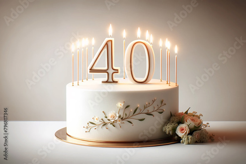 delicately decorated birthday cake with burning candles number forty and roses on a white background