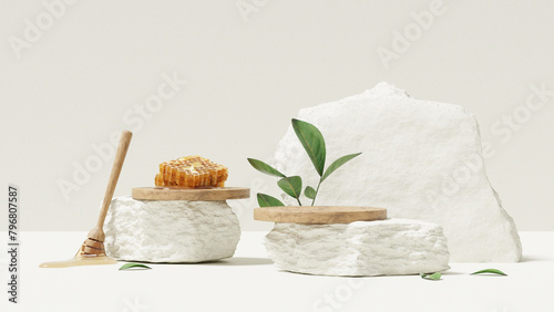 Slika na platnu Mockup 3D background white podium with honeycomb for product presentation