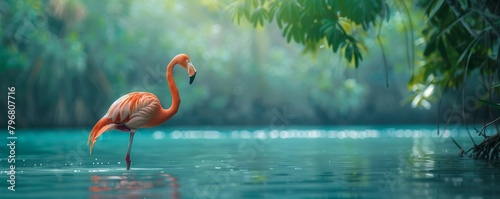 Serene flamingo by water in lush habitat photo