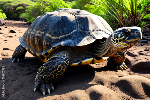 Galápagos tortoise (Chelonoidis elephantopus) in tropical Galapagos island. Giant turtle (tortuga) in animal world. Observation of wildlife area. Holiday adventure in Ecuador photo