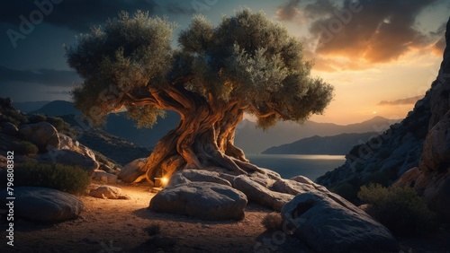 Landscape of beautiful olive tree over the coast photo