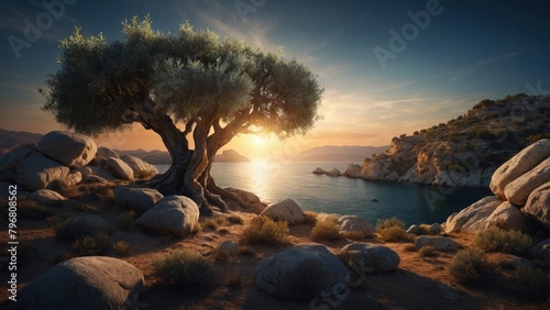 Landscape of beautiful olive tree over the coast photo