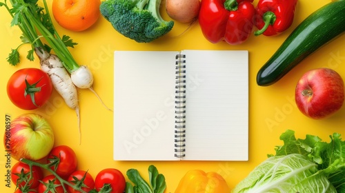 Food ingredients, Fruits and vegetables and white paper sheet with copy space for you decoration