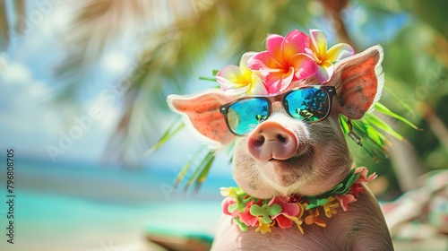 Summer background, A Pig with hawaiian costume tropical palm and beach background © BOONJUNG