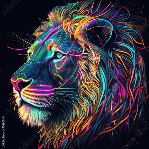 a portrait abstract lion with intricate details and neon-colored patterns, set against a dark, abstract background, AI Generative