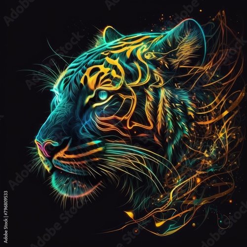 a creative abstract tiger with intricate details and neon-colored patterns  an abstract neon design of a glowing  set against a dark  abstract background  AI Generative