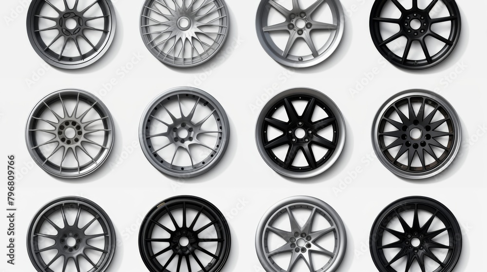 a complete  big set of car wheels with modded rims realistic on a white background 