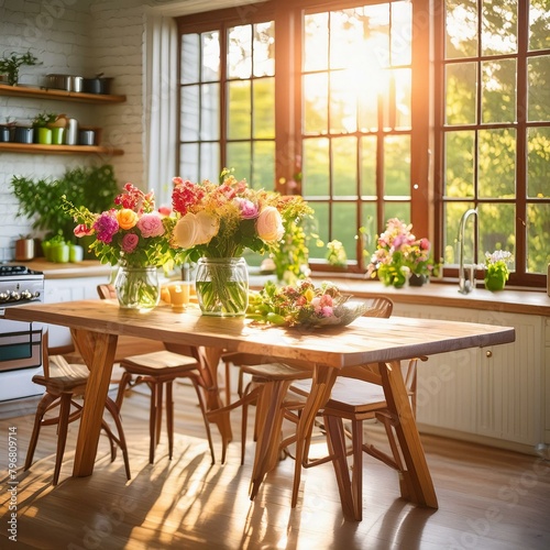 a sun drenched kitchen, featuring a wooden table adorned with fresh blooms, set against the backdrop of stunning windows that frame the scene.